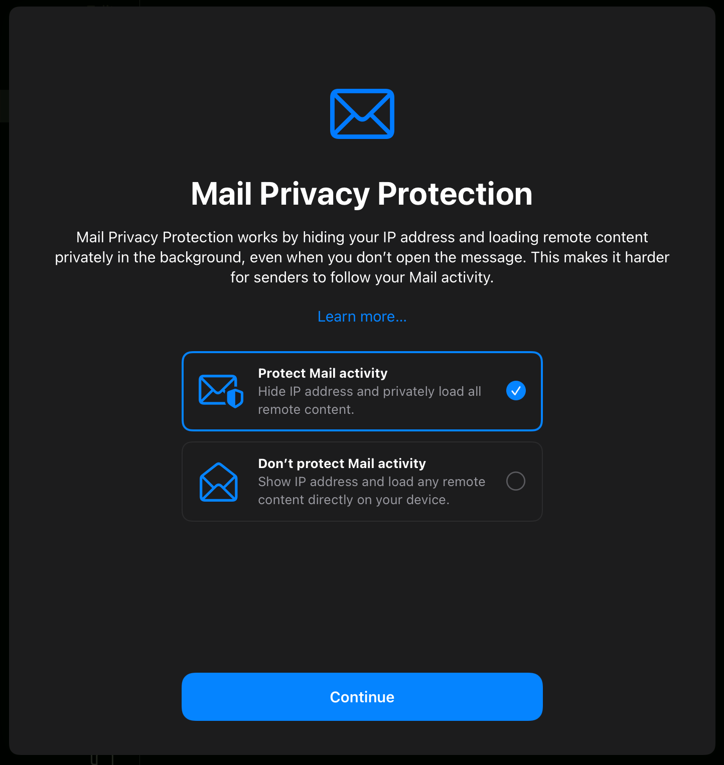 ekran akceptacji ochrony prywatności poczty Apple dla iPada