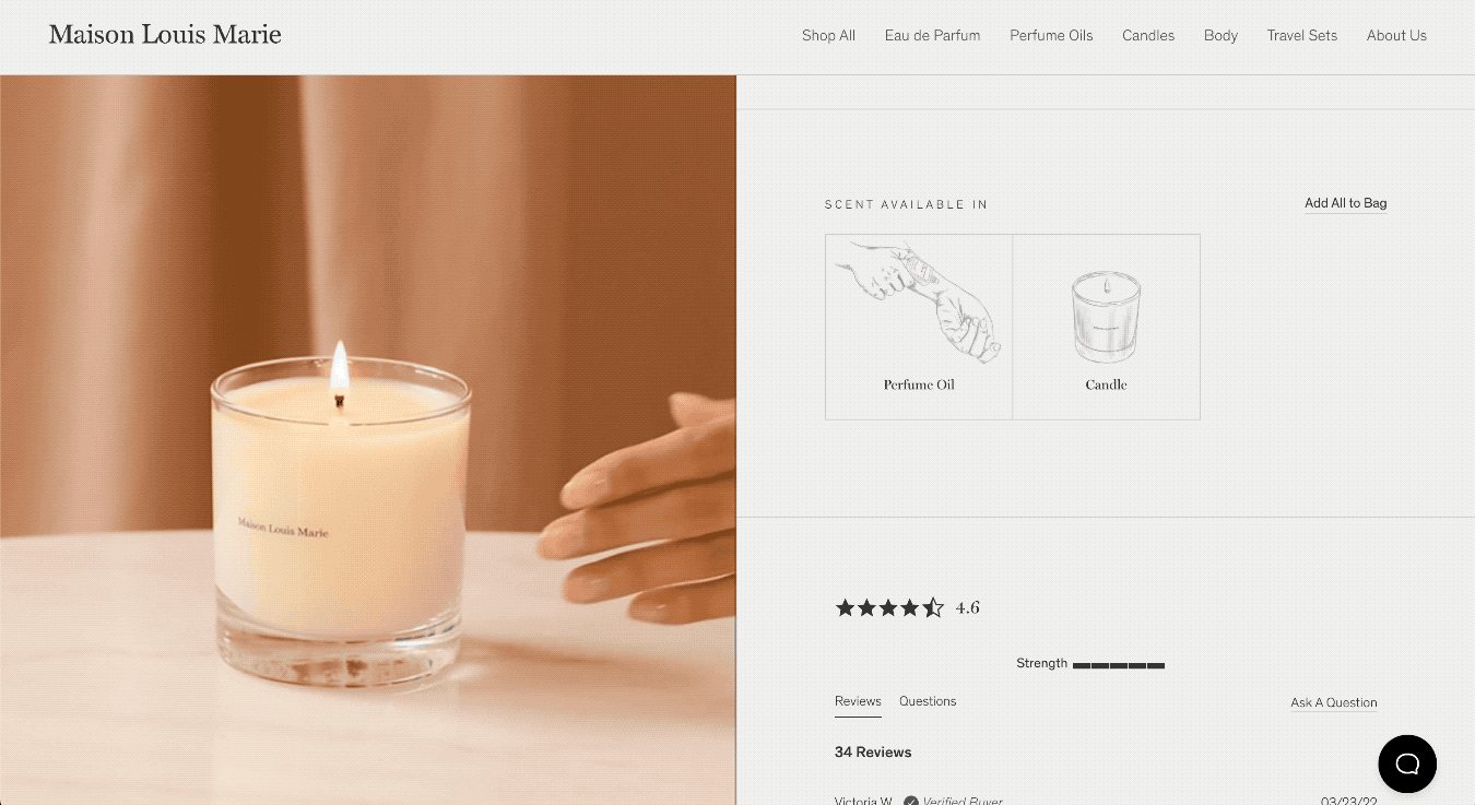 Przykład strony produktu marki świec Maison Louis Marie