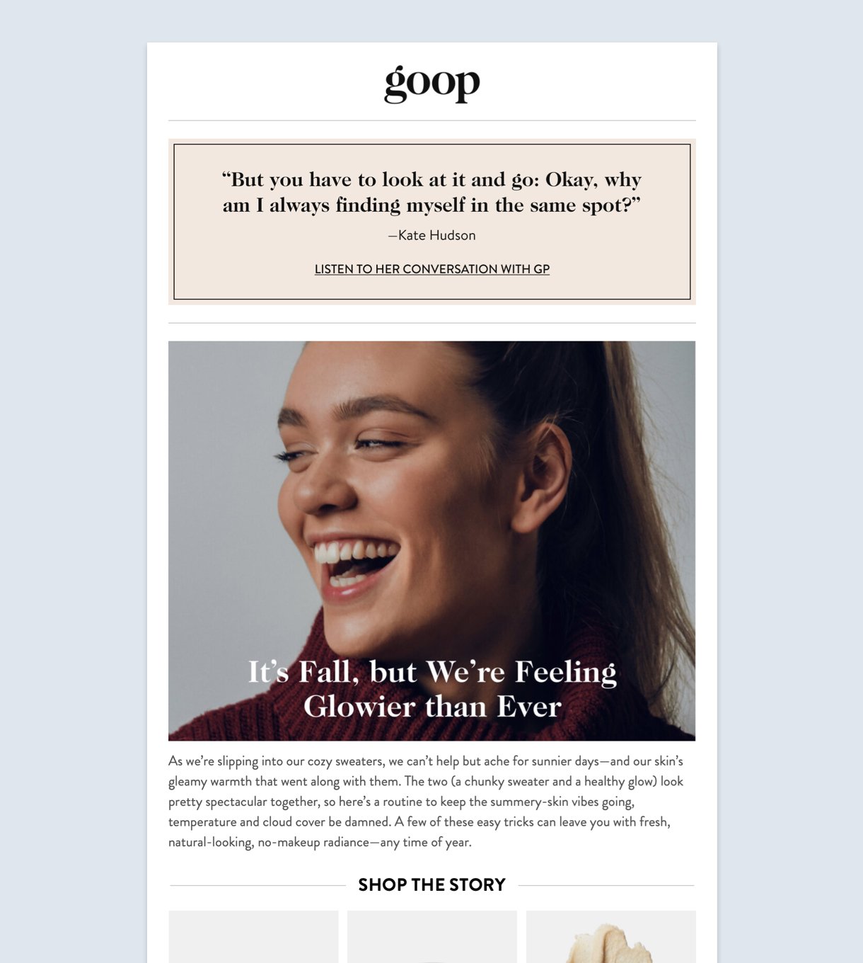 Goop email newsletter example girl smiling background white minimalist
