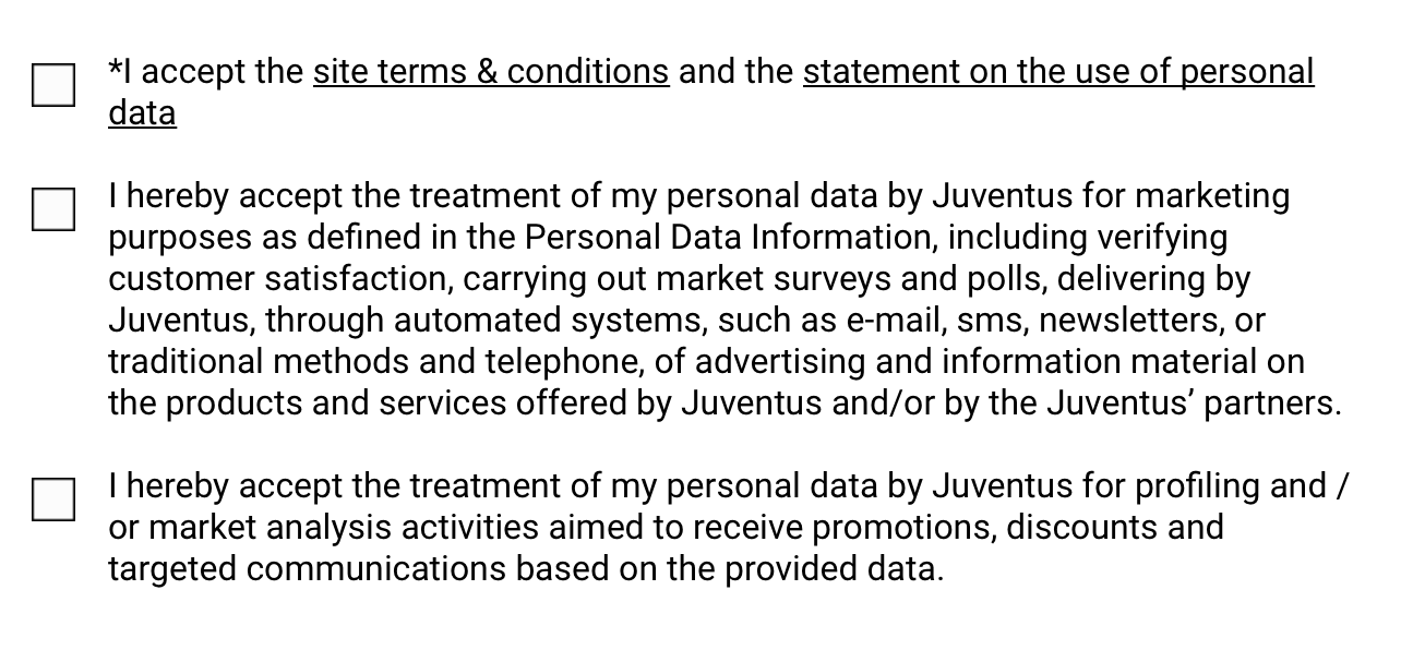 Ejemplo de consentimiento para múltiples propósitos de la Juventus de acuerdo al RGPD