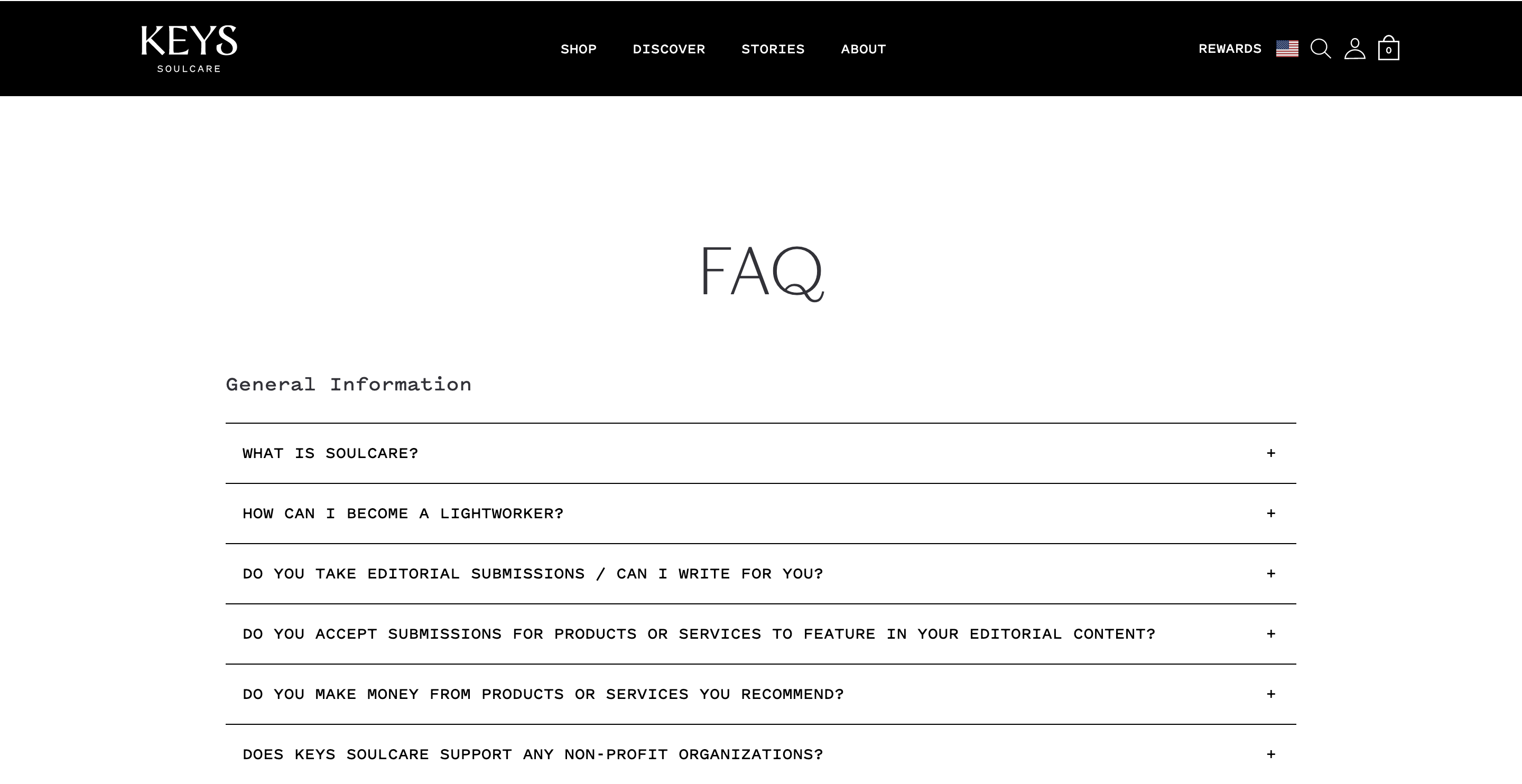 Zrzut ekranu strony FAQ znajdującej się na stronie Keys Soulcare