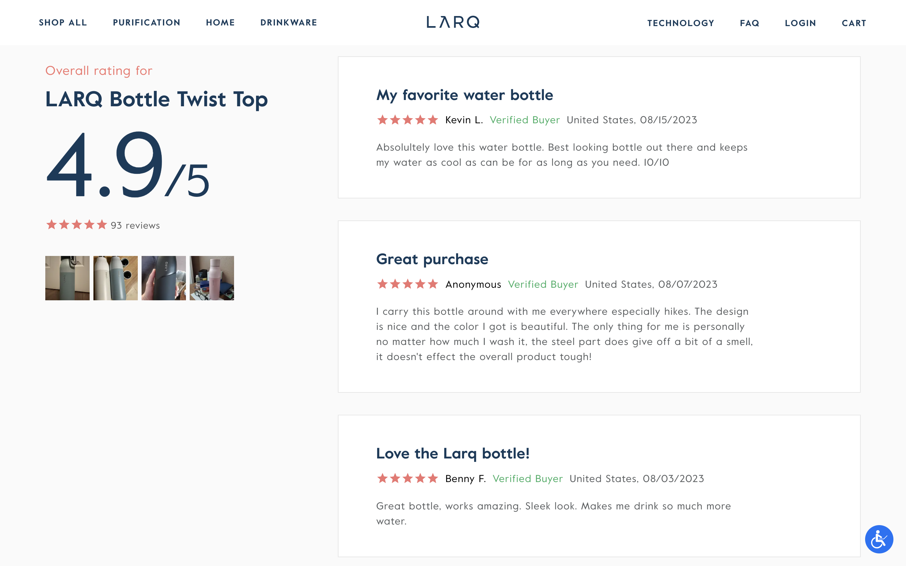 Zrzut ekranu strony produktu z butelką wody Larq wyświetlający ocenę klienta 4,9/5 obok 3 5-gwiazdkowych recenzji.