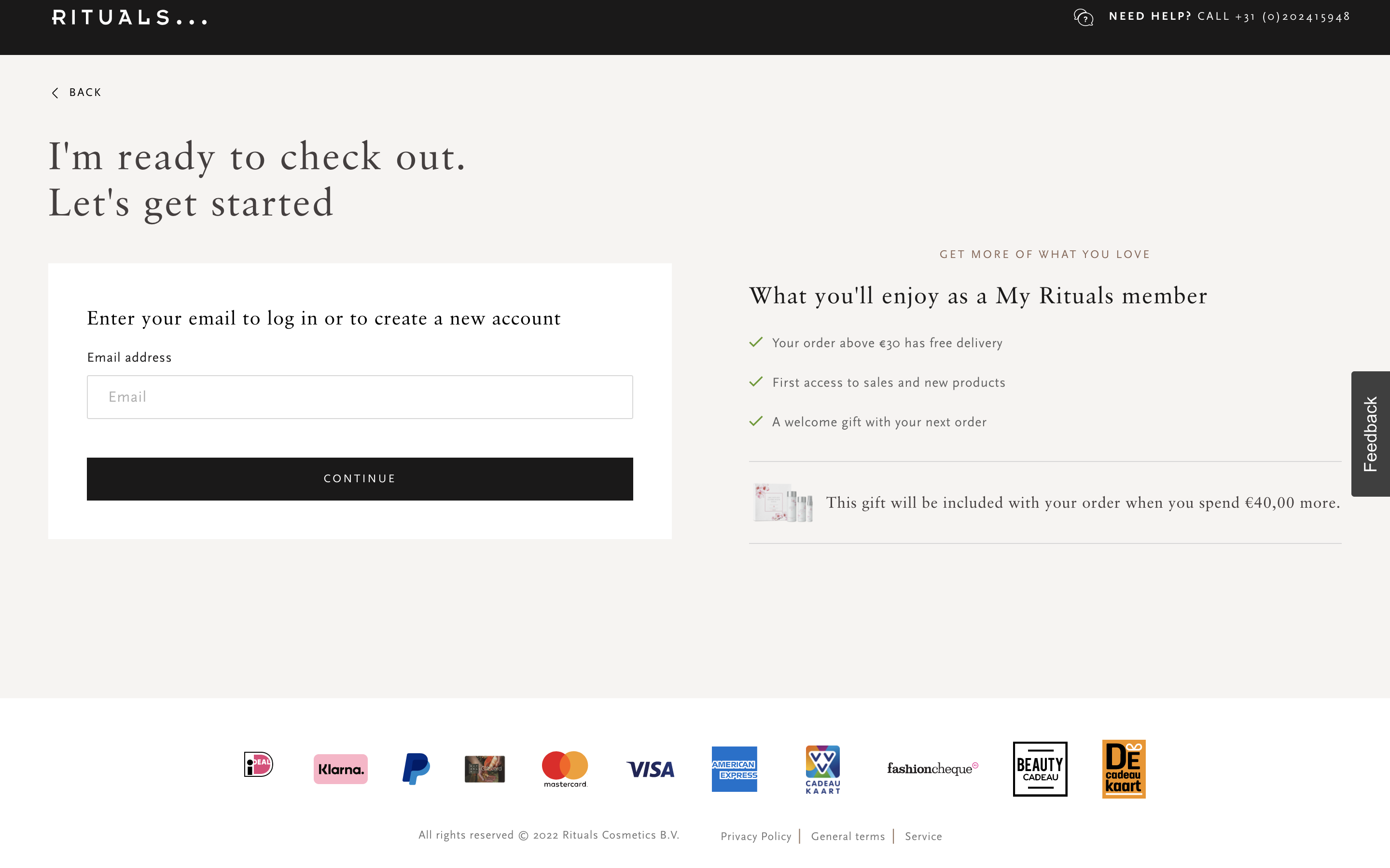 Przykład opcji płatności w witrynie e-commerce firmy Rituals