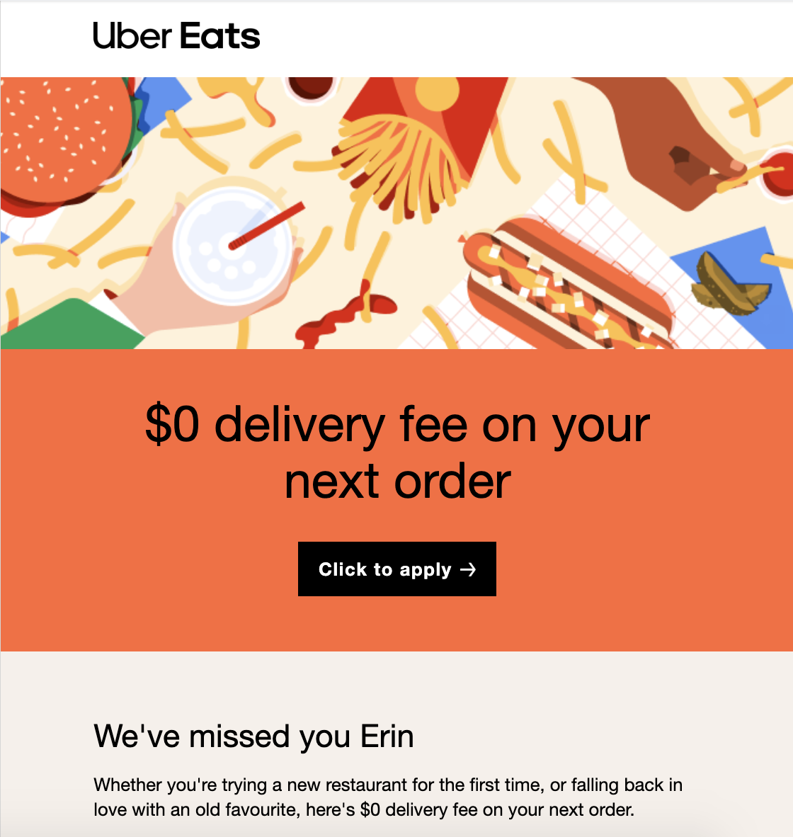 Ejemplo de correo personalizado de Uber Eats