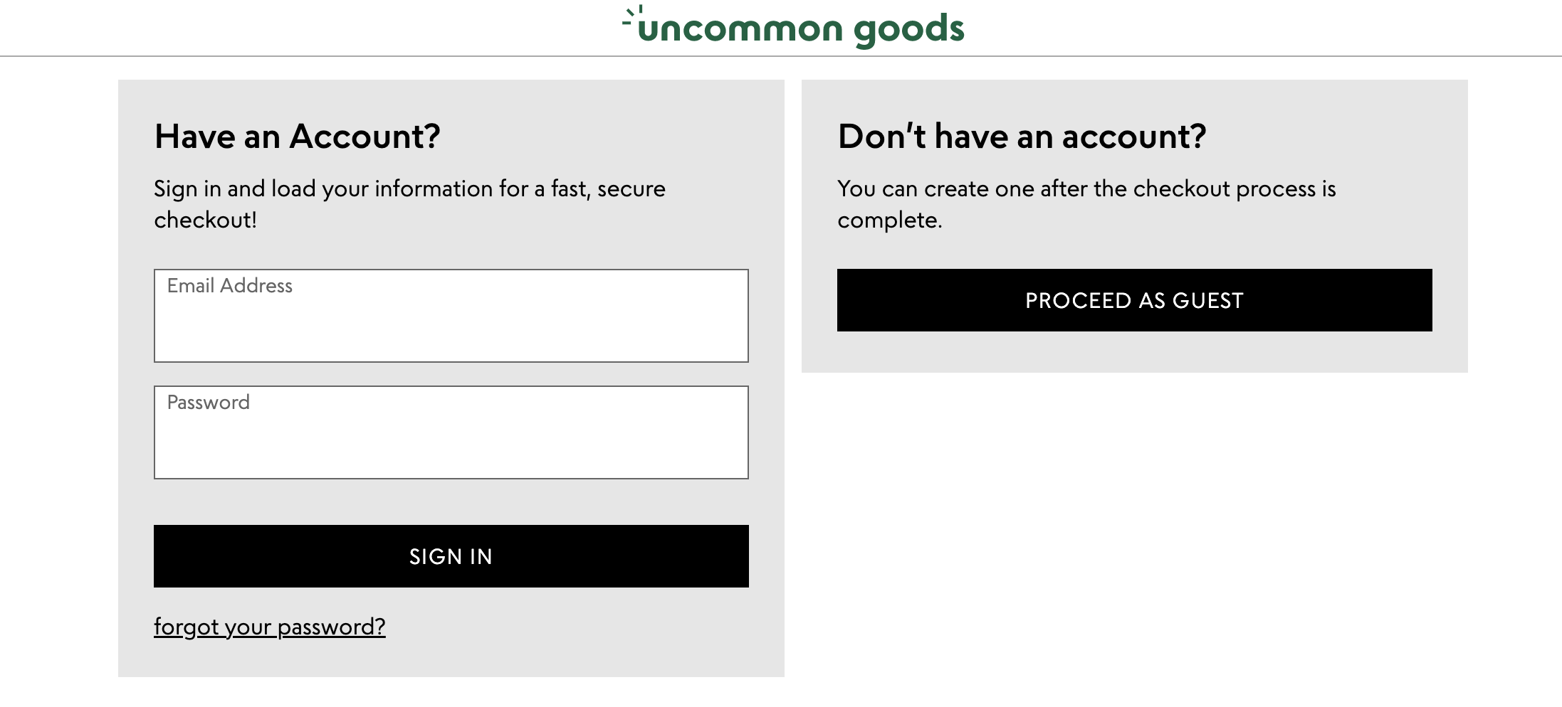 Przykład opcji płatności przez gościa w witrynie Uncommon Goods