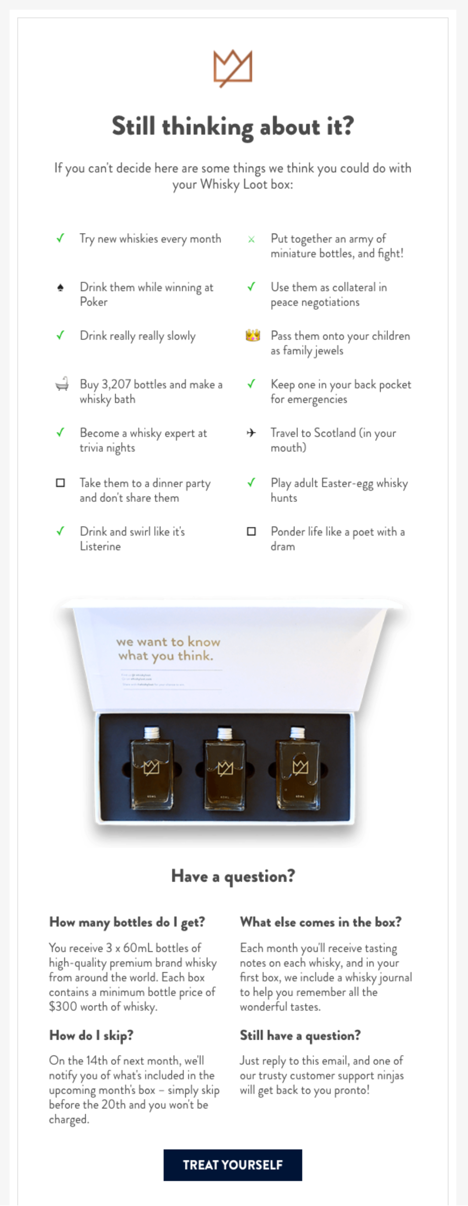 Abandoned cart email example from Whiskey Loot