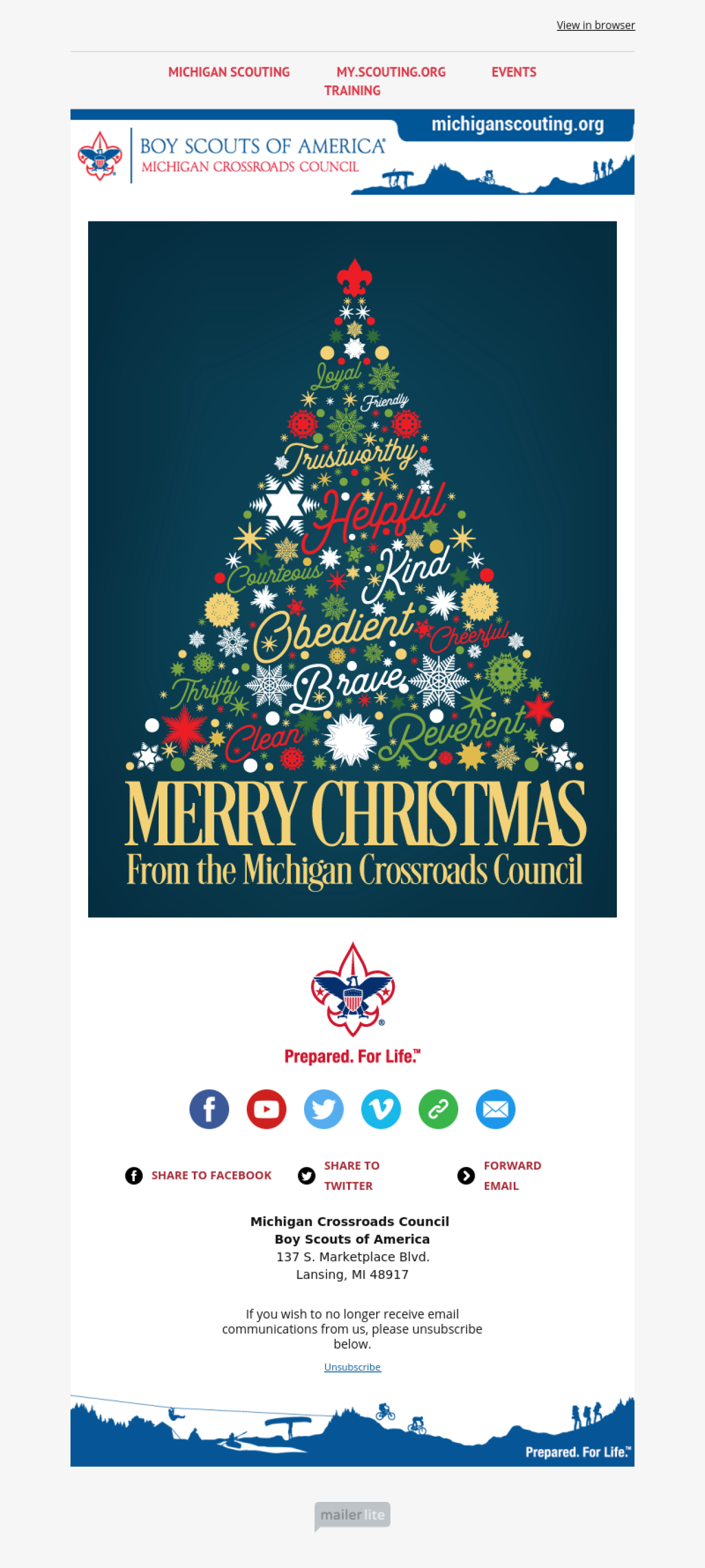 Michigan Crossroads Council BSA - Newsletter de navidad ejemplo - Diseño de MailerLite