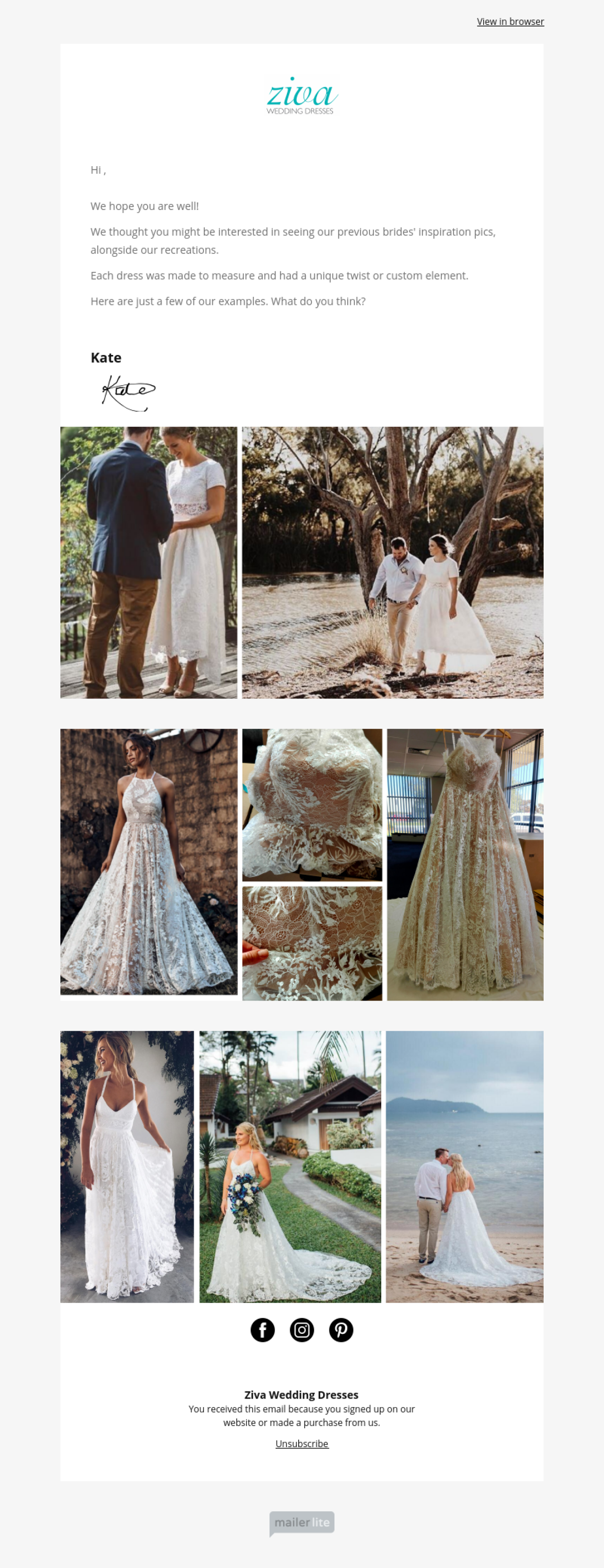 Ziva Wedding Dresses przykład - Stworzony przy użyciu MailerLite