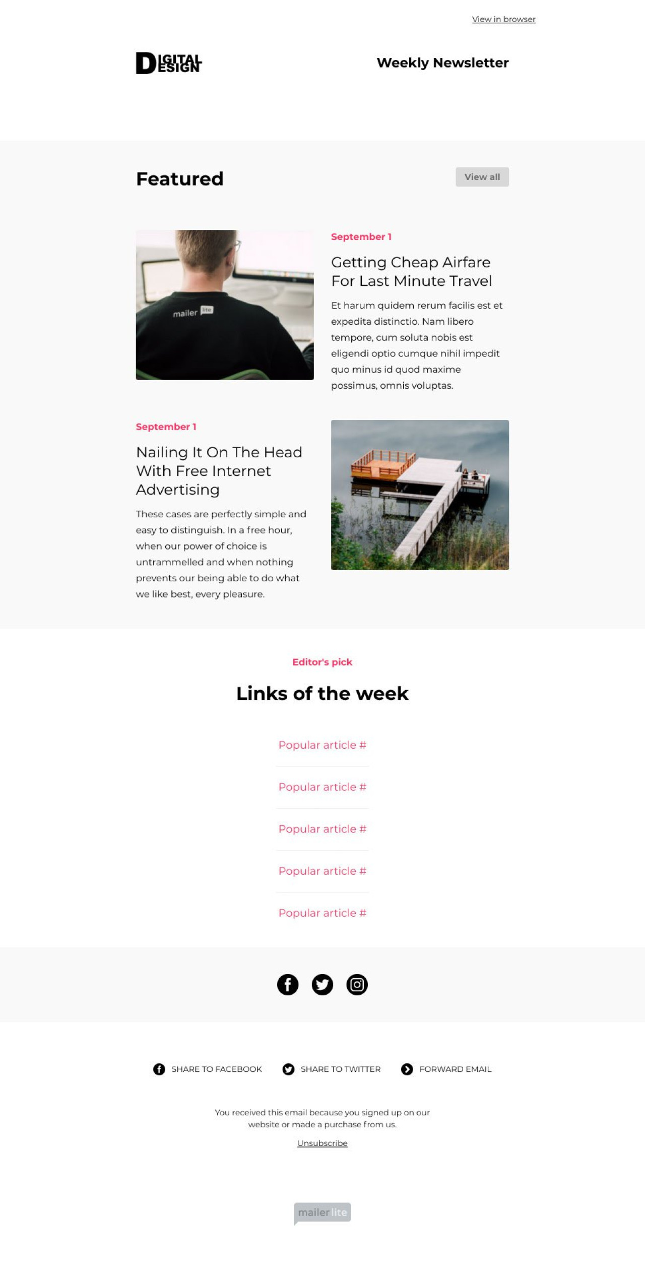 Noticias semanales ejemplo - Diseño de MailerLite